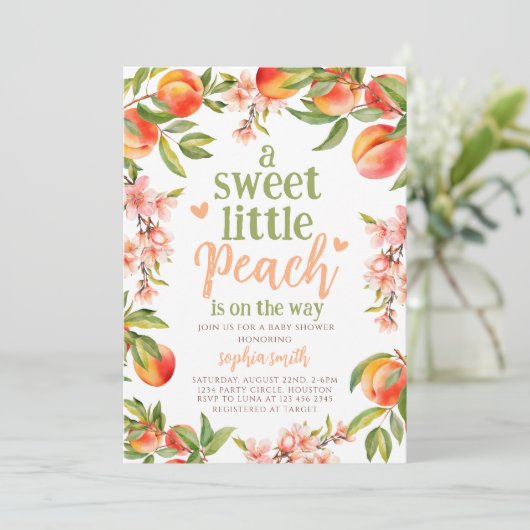 Invitation une douce Petite pêche est en chemin baby shower (Debout devant)