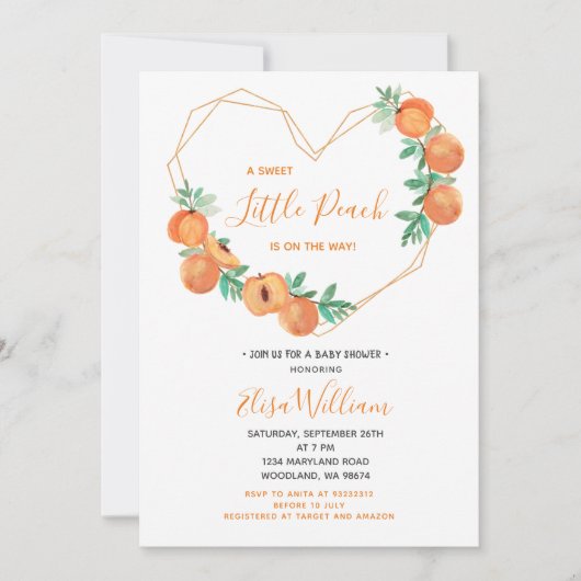 Invitation Une douce petite pêche est en route Baby shower (Devant)