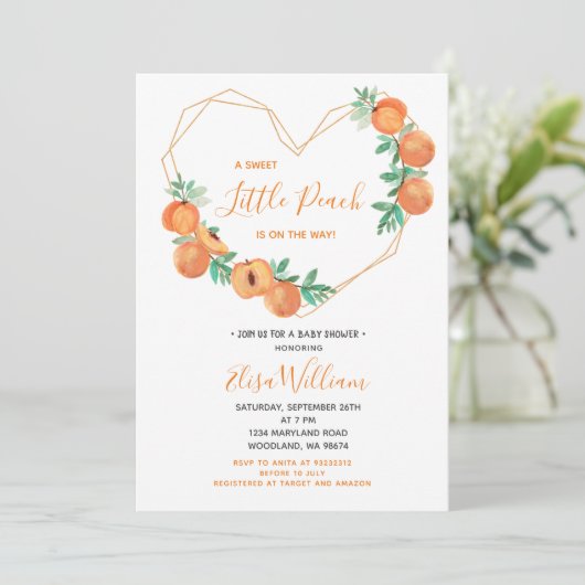 Invitation Une douce petite pêche est en route Baby shower  (Debout devant)