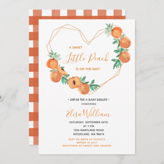 Invitation Une douce petite pêche est en route Baby shower  (Devant / Derrière)