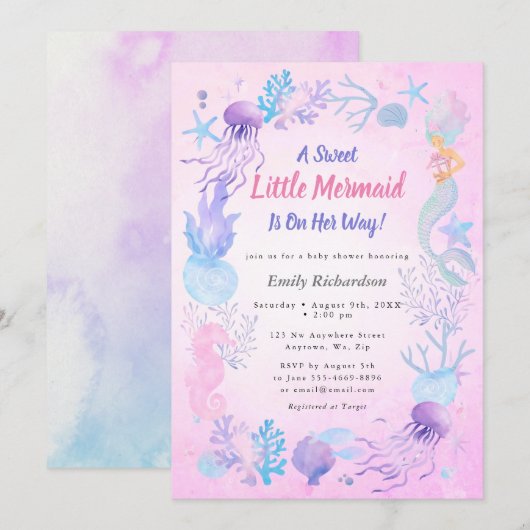 Invitation Une Douce Petite Sirène Fille Pastel Baby Shower (Devant / Derrière)