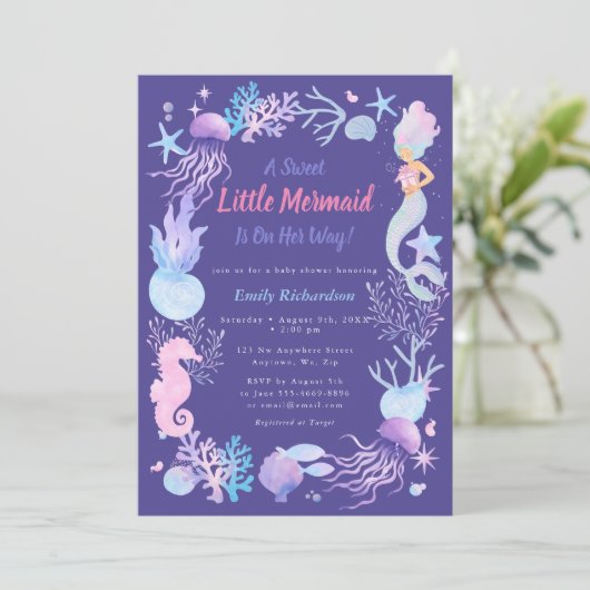 Invitation Une douce petite sirène pourpre bébé bébé fille do (Debout devant)