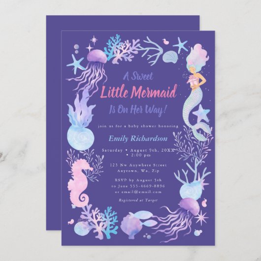 Invitation Une douce petite sirène pourpre bébé bébé fille do (Devant / Derrière)