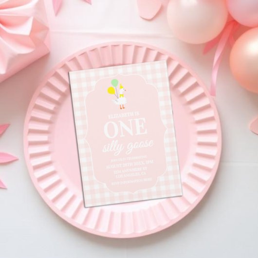 Invitation Une drôle d'oie Gingham 1er anniversaire
