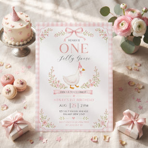 Invitation Une drôle d'oie rose florale 1er anniversaire