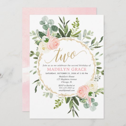 Invitation Une élégante fille rose verdoyante de 2e anniversa (Devant / Derrière)