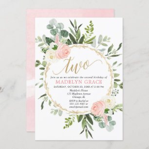 Invitation Une élégante fille rose verdoyante de 2e anniversa