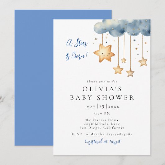 Invitation Une étoile est née Baby shower (Devant / Derrière)