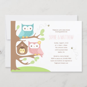 Invitation Une famille de chouettes sur un Baby shower d'arbr