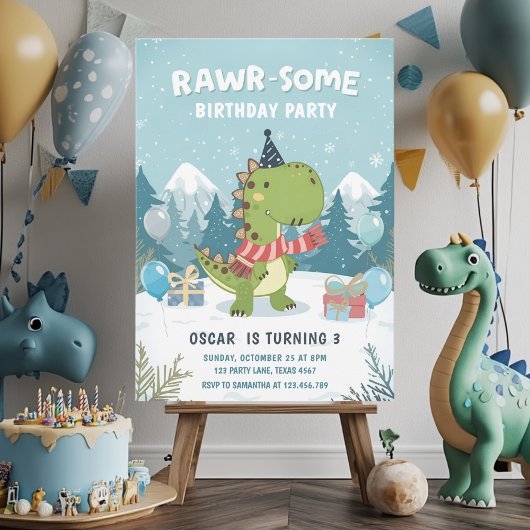 INVITATION UNE FÊTE DE NEIGE DE DINOSAURE T-REX D'HIVER RAWR-