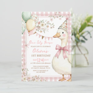 Invitation Une fille à l'oie rose pour son 1er anniversaire