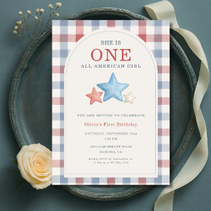 Invitation Une fille américaine tout gingham 1er anniversaire
