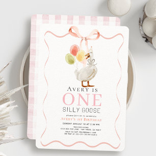 Invitation Une fille au ruban rose oie sotte 1er anniversaire