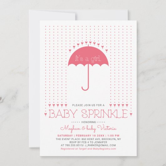 Invitation Une fille. | Coeurs mignons et parapluie Bébé saup (Devant)