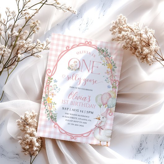Invitation Une fille d'oie sotte 1er Anniversaire rose En vic