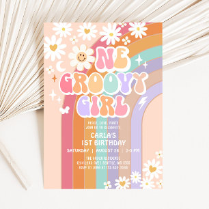 Invitation Une fille groovy hippie anniversaire rétro 1ère an