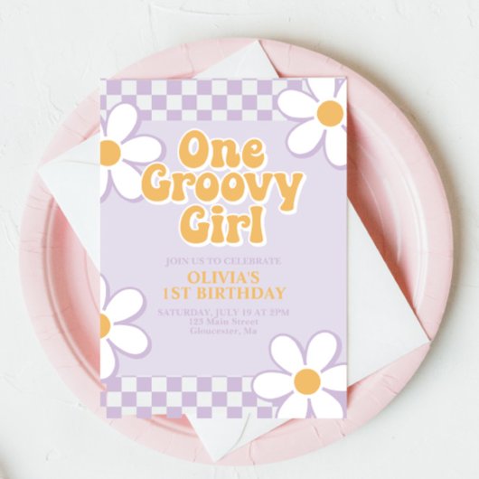 Invitation Une Fille Groovy Rétro Vérification Lilac Daisy