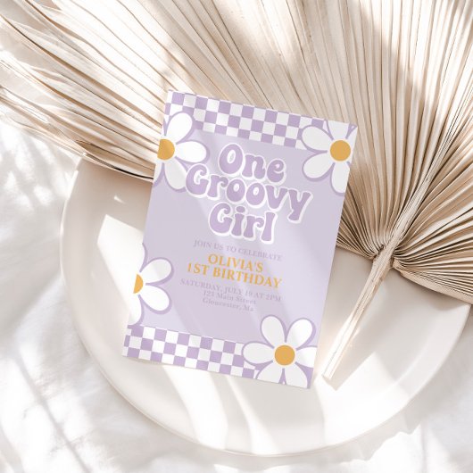 Invitation Une Fille Groovy Rétro Vérification Lilas Daisy