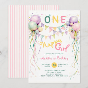 Invitation Une Fille Heureuse Ballons Roses Menthe 1er Annive