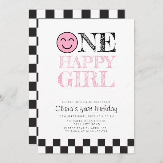 Invitation Une Fille Heureuse Joyeuse Visage rose (Devant / Derrière)