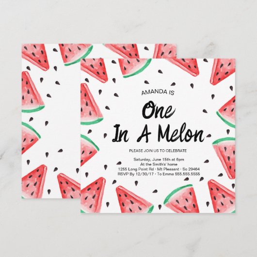 Invitation Une fille pastèque One in a Melon 1er anniversaire (Devant / Derrière)