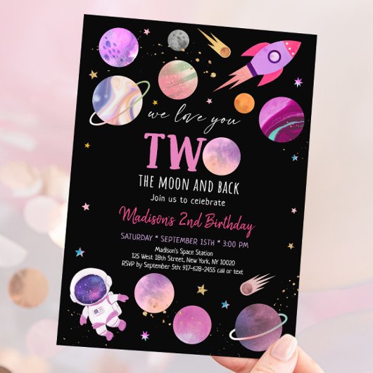 Invitation Une fille rose Astronaut Espace Deux La Lune Anniv