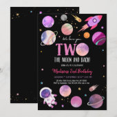 Invitation Une fille rose Astronaut Espace Deux La Lune Anniv (Devant / Derrière)