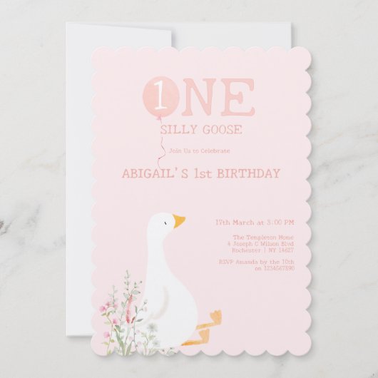 Invitation Une fille rose d'oie sotte 1er anniversaire (Devant)