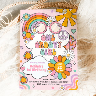 Invitation Une fille Super les années 70 Fleur Power Rainbow