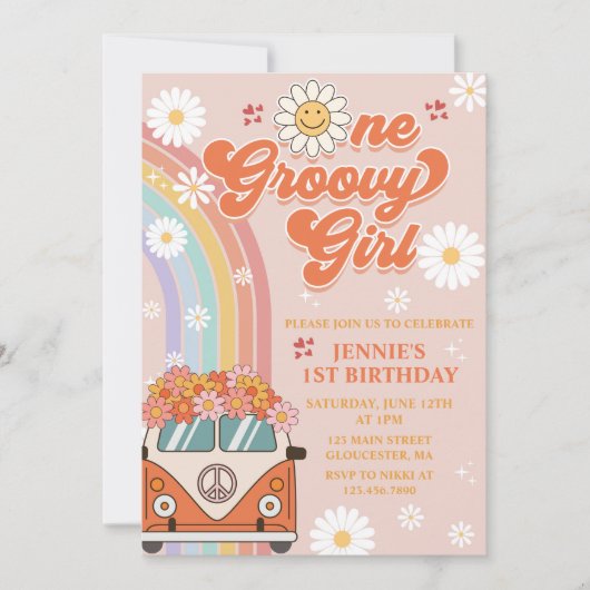 Invitation Une fille Super Retro Arc-en-ciel 1er anniversaire (Devant)