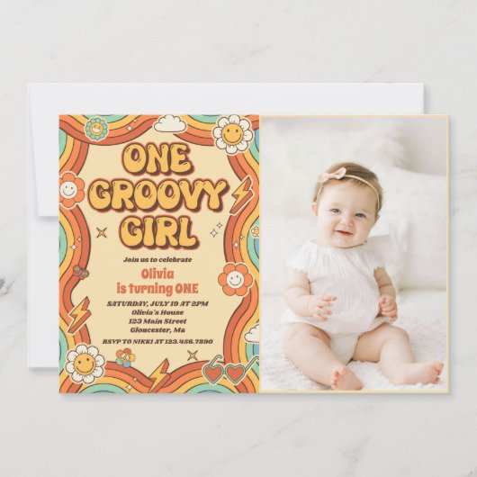 Invitation Une fille Super Retro Arc-en-ciel 1er anniversaire (Devant)