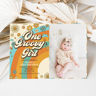 Invitation Une fille Super Retro Arc-en-ciel 1er anniversaire