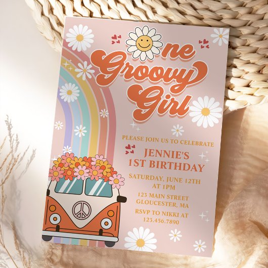 Invitation Une fille Super Retro Arc-en-ciel 1er anniversaire