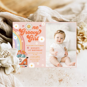 Invitation Une fille Super Retro Arc-en-ciel 1er anniversaire