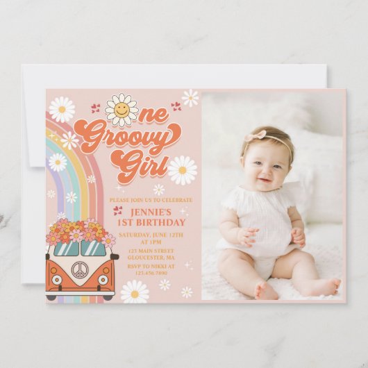 Invitation Une fille Super Retro Arc-en-ciel 1er anniversaire (Devant)