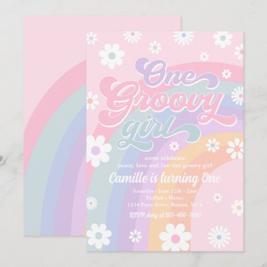 Invitation Une fille Super Retro Daisy Rose Rainbow Anniversa (Devant / Derrière)