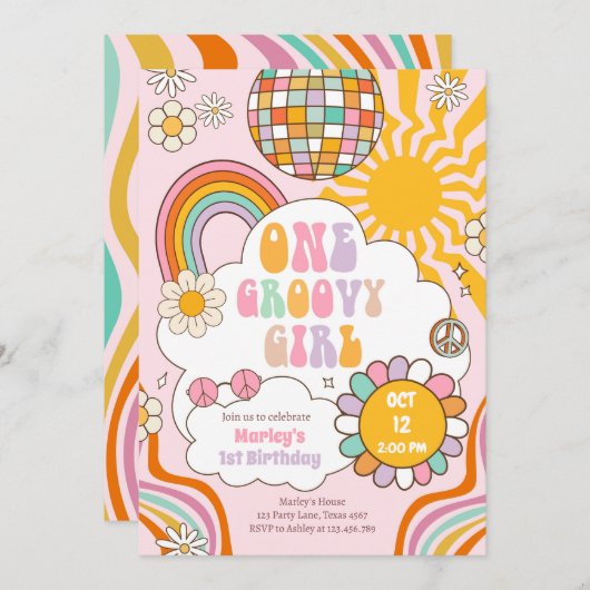 Invitation Une fille Super Retro les années 70 Rainbow 1er an (Devant / Derrière)