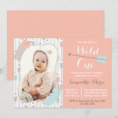 Invitation Une fille tribale première photo rose d'anniversai (Devant / Derrière)