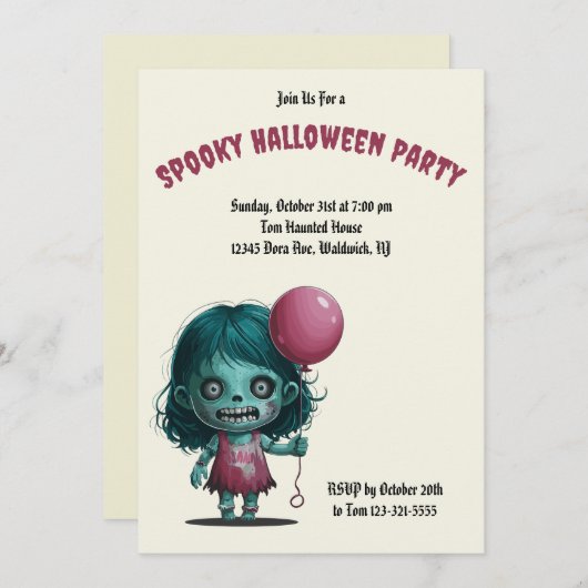Invitation Une fille zombie avec un ballon. Éffrayante fête d (Devant / Derrière)