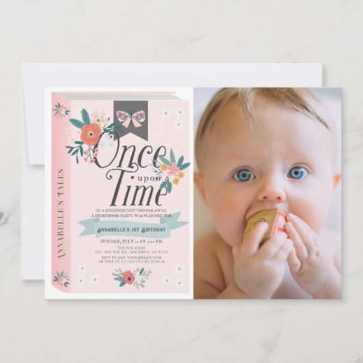 Invitation Une fois Pink Floral Photo 1er anniversaire (Devant)