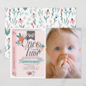 Invitation Une fois Pink Floral Photo 1er anniversaire (Devant / Derrière)