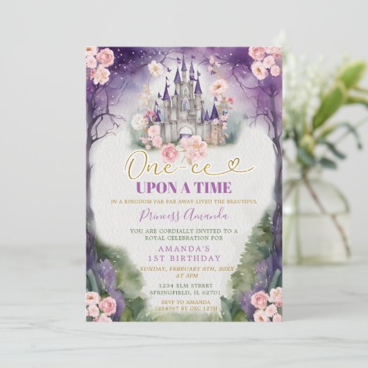 Invitation Une heure sur un château violet de temps 1er anniv (Debout devant)