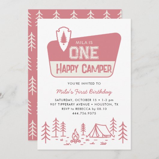 Invitation Une joyeuse Camper Girls 1ère Forêt de Camping Ann (Devant / Derrière)