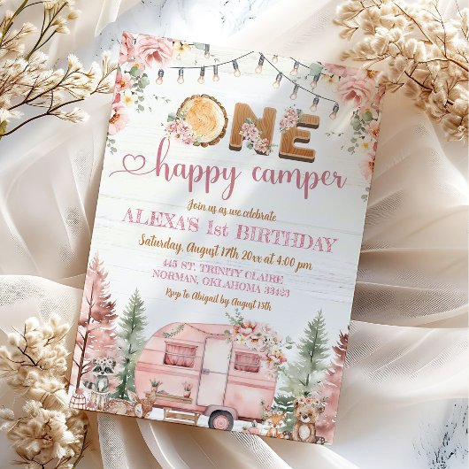 Invitation Une joyeuse campeuse Fille rose Rustique Anniversa
