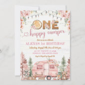 Invitation Une joyeuse campeuse Fille rose Rustique Anniversa (Devant)