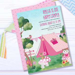 Invitation Une joyeuse campeuse Tente rose Fille 1er annivers