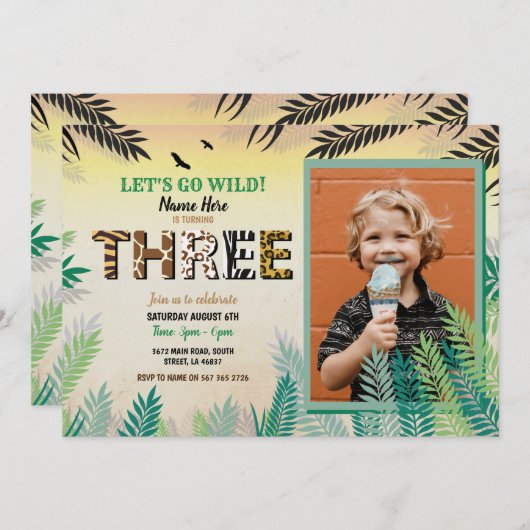Invitation Une Jungle 3ème fête d'anniversaire 3 Safari ZOO P (Devant / Derrière)