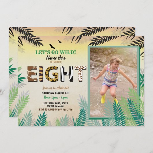 Invitation Une Jungle 8ème fête d'anniversaire 8 Safari ZOO P (Devant / Derrière)