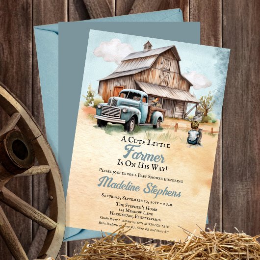 Invitation Une mignonne petite ferme | Baby shower Camion Boy