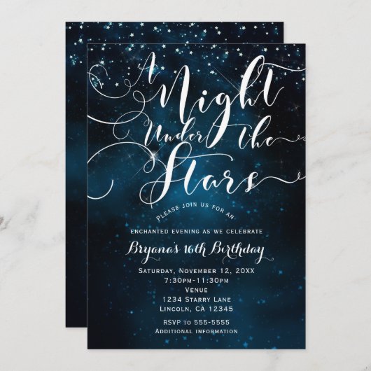 Invitation UNE NUIT SOUS LES ÉTOILES Cieux Bleus Étoilés (Devant / Derrière)